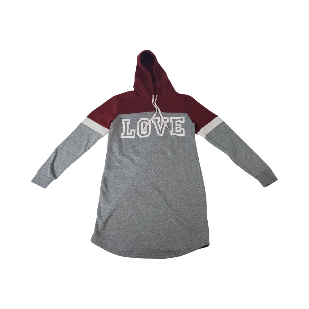 Bobbie Brooks Womens M Hoodie Dress Burgundy Grey LOVE Graphic Colorblock Fleece
